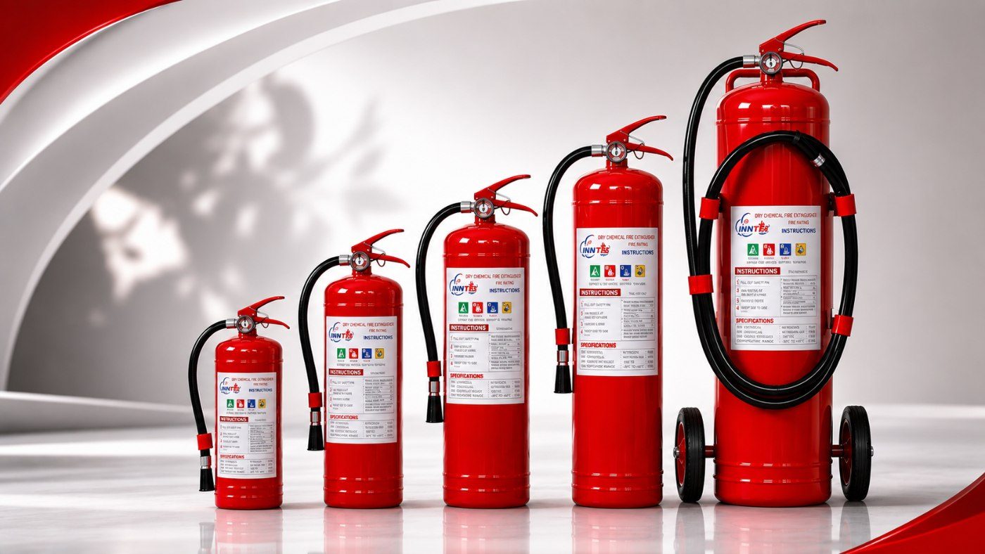 Dry chemical extinguishers in five sizes, smallest to largest